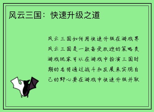 风云三国：快速升级之道