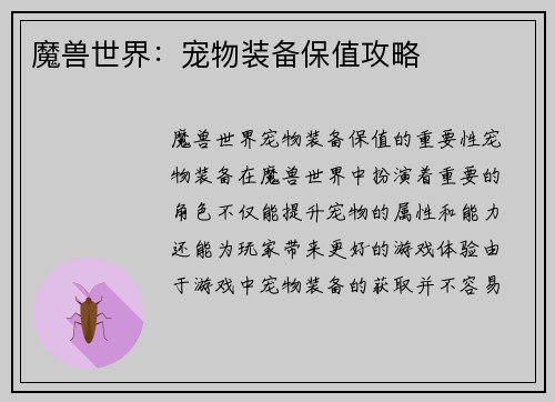 魔兽世界：宠物装备保值攻略